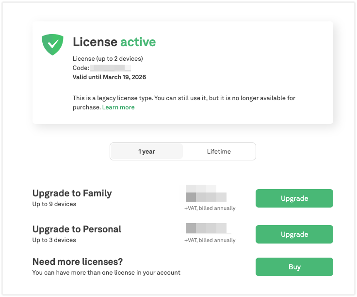 Mettre à niveau les licences annuelles pour 1, 2, 3 appareils